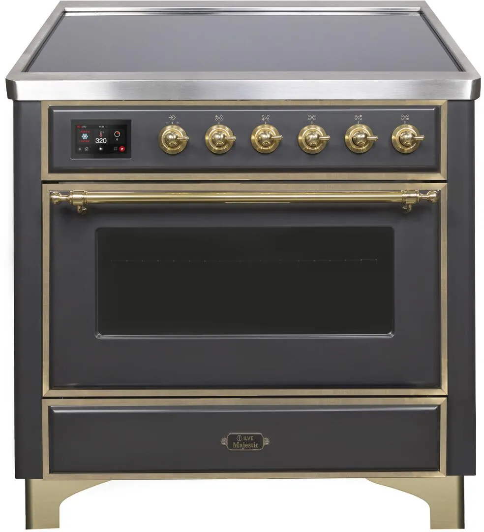 Ilve UMI09NS3MGG Majestic Ii 36 Inch Electric Freestanding Range In Matte Graphite With Brass Trim