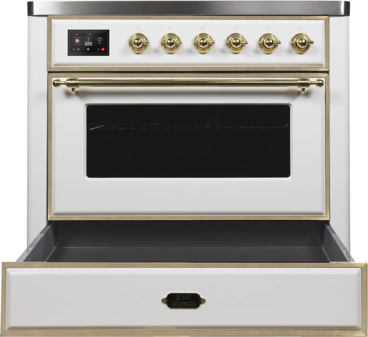 Ilve UMI09NS3WHG Majestic Ii 36 Inch Electric Freestanding Range In White With Brass Trim