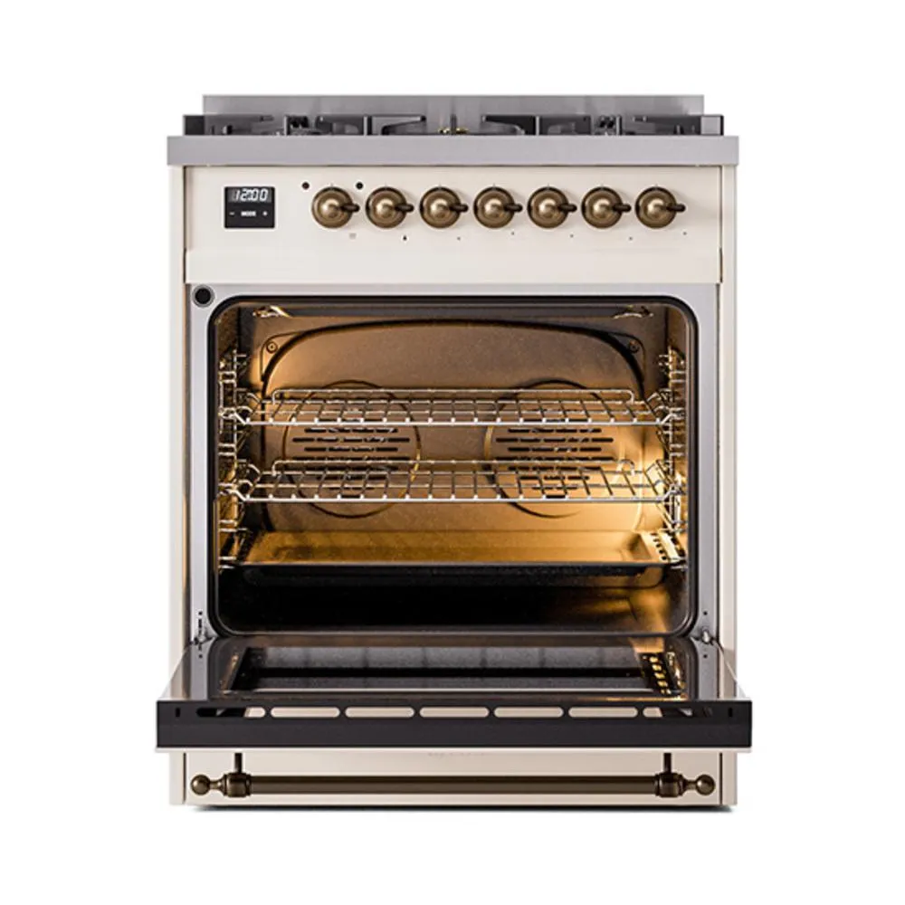 Ilve UN30NMPAWBLP Ilve Un30Nmpawblp Nostalgie Ii Noblesse 30" Dual Fuel Range (Liquid Propane, Triple Glass Door, Antique White, Burnished)