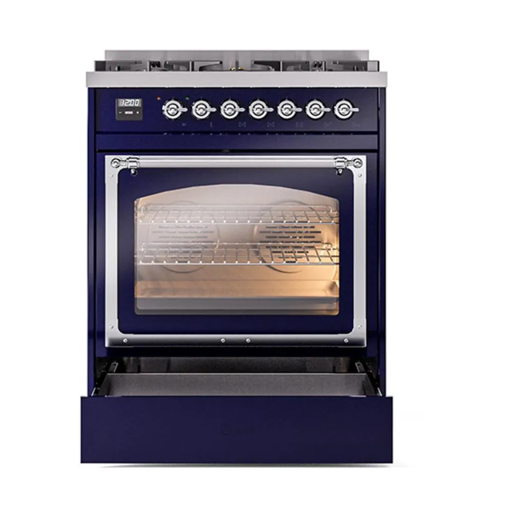 Ilve UN30NMPMBC Ilve Un30Nmpmbc Nostalgie Ii Noblesse 30" Dual Fuel Range (Natural Gas, Triple Glass Door, Midnight Blue, Chrome)