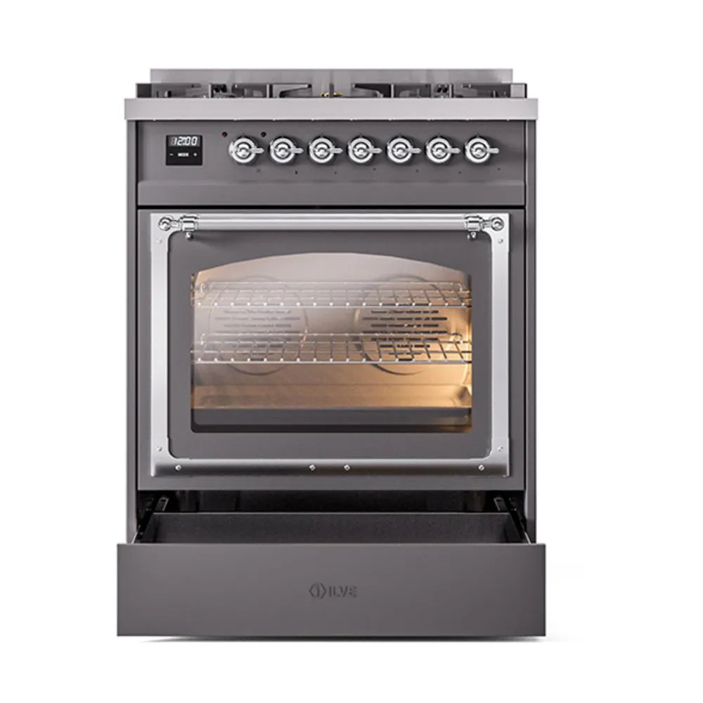 Ilve UN30NMPMGC Ilve Un30Nmpmgc Nostalgie Ii Noblesse 30" Dual Fuel Range (Natural Gas, Triple Glass Door, Graphite Matte, Chrome)