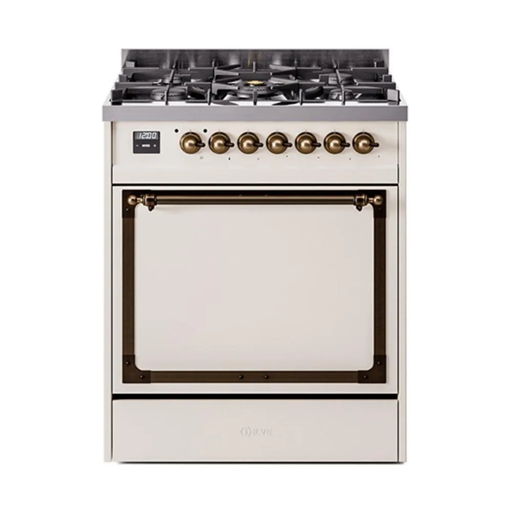Ilve UN30QNMPAWBLP Ilve Un30Qnmpawblp Nostalgie Ii Noblesse 30" Dual Fuel Range (Liquid Propane, Solid Door, Antique White, Burnished)