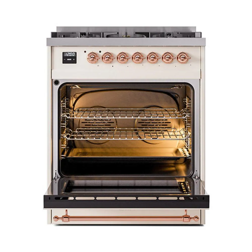 Ilve UN30QNMPAWP Ilve Un30Qnmpawp Nostalgie Ii Noblesse 30" Dual Fuel Range (Natural Gas, Solid Door, Antique White, Copper)