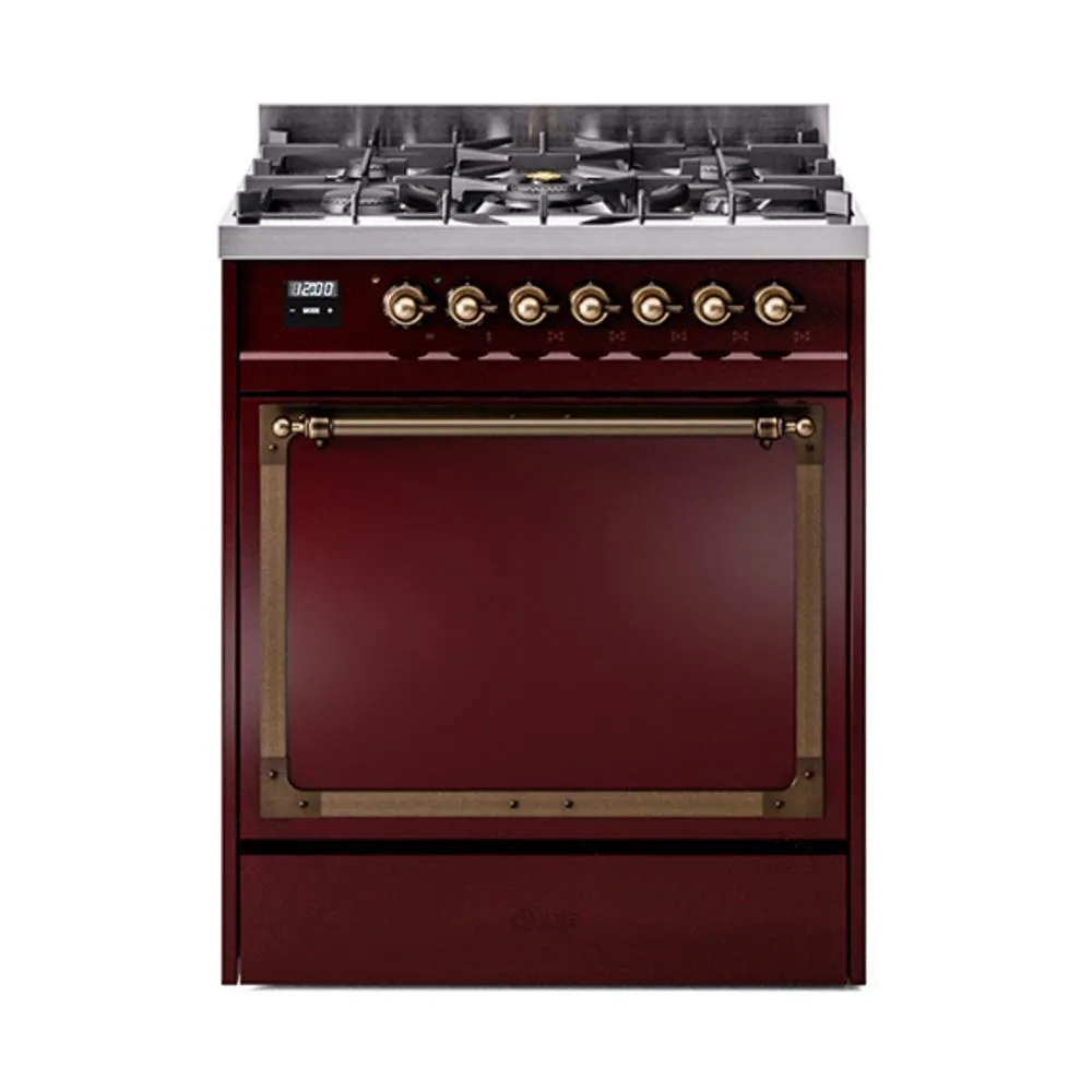 Ilve UN30QNMPBUB Ilve Un30Qnmpbub Nostalgie Ii Noblesse 30" Dual Fuel Range (Natural Gas, Solid Door, Burgundy, Burnished)