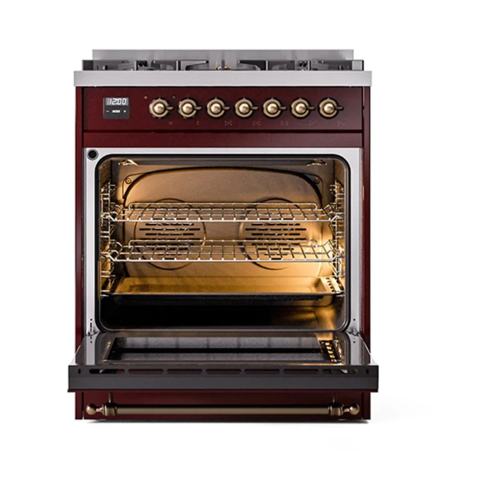 Ilve UN30QNMPBUB Ilve Un30Qnmpbub Nostalgie Ii Noblesse 30" Dual Fuel Range (Natural Gas, Solid Door, Burgundy, Burnished)
