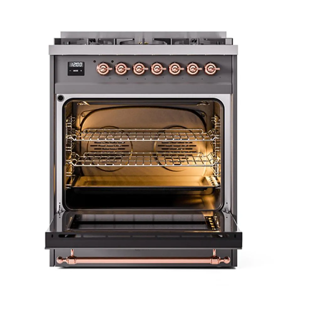 Ilve UN30QNMPMGPLP Ilve Un30Qnmpmgplp Nostalgie Ii Noblesse 30" Dual Fuel Range (Liquid Propane, Solid Door, Graphite Matte, Copper)