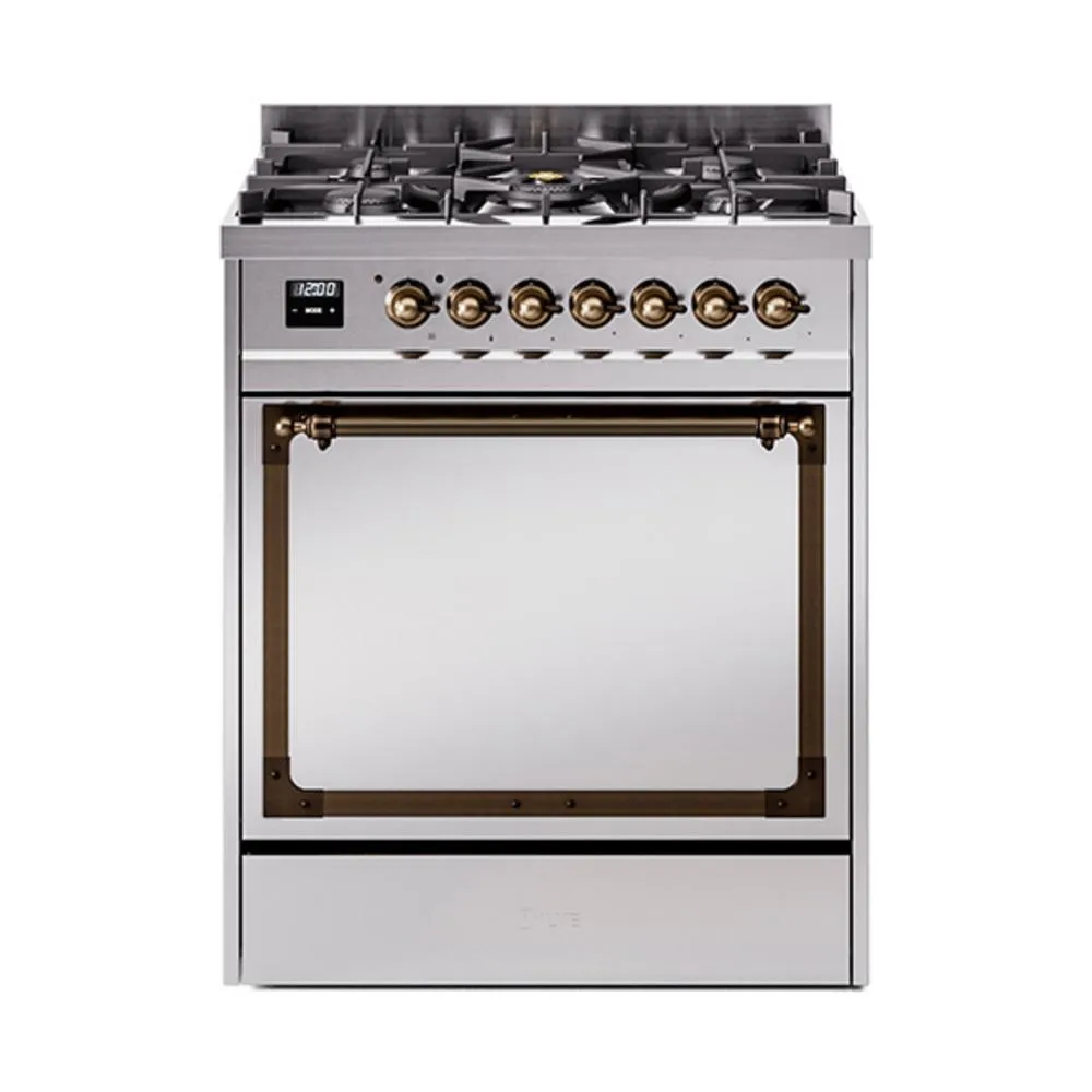 Ilve UN30QNMPSSBLP Ilve Un30Qnmpssblp Nostalgie Ii Noblesse 30" Dual Fuel Range (Liquid Propane, Solid Door, Stainless Steel, Burnished)