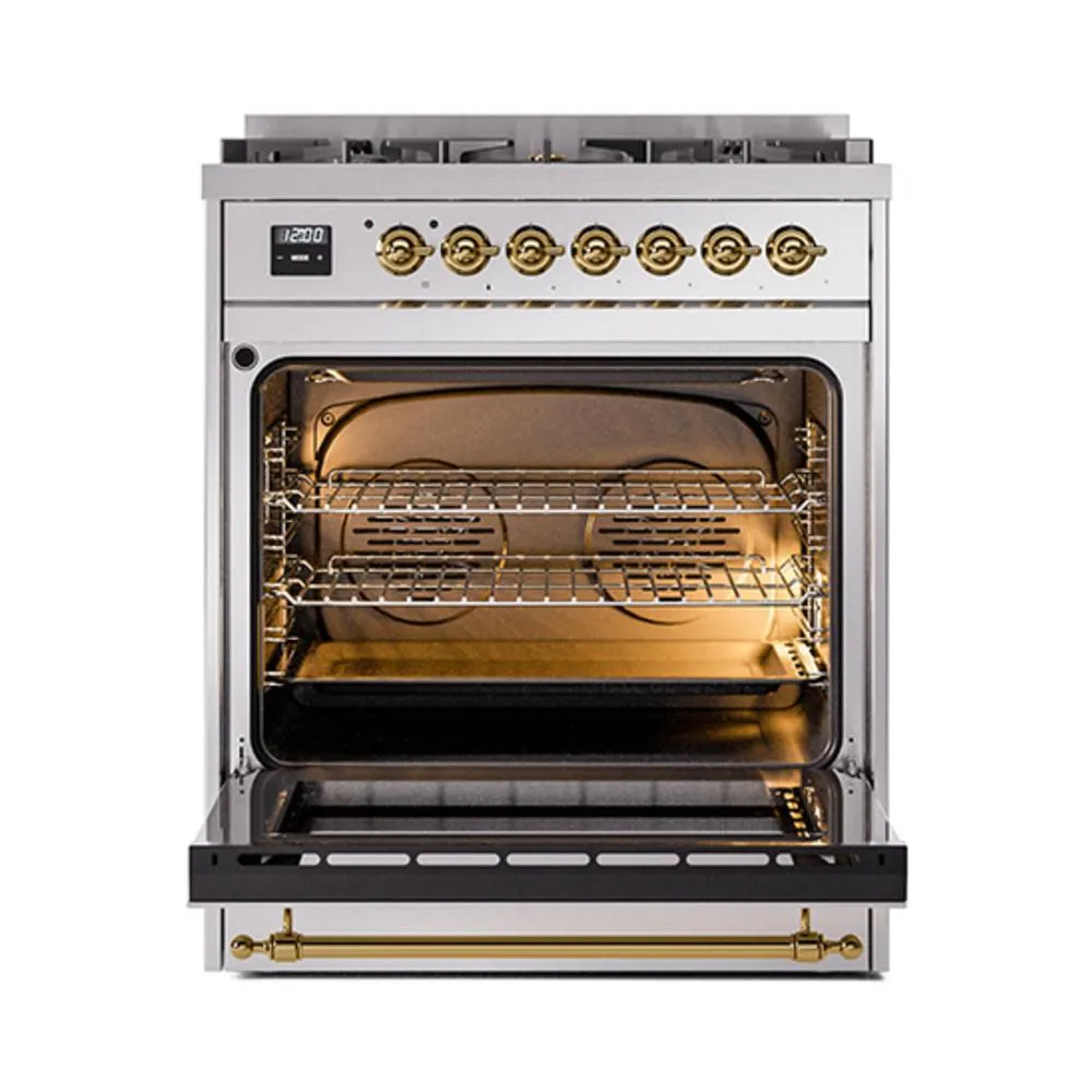 Ilve UN30QNMPSSGLP Ilve Un30Qnmpssglp Nostalgie Ii Noblesse 30" Dual Fuel Range (Liquid Propane, Solid Door, Stainless Steel, Brass)