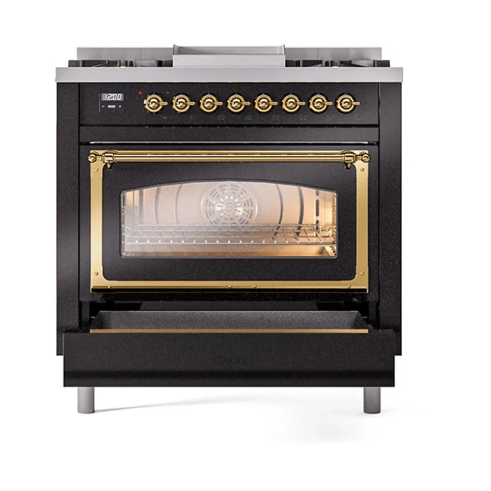 Ilve UN36FNMPBKG Ilve Un36Fnmpbkg Nostalgie Ii Noblesse 36" Dual Fuel Range (Natural Gas, Triple Glass Door, Glossy Black, Brass)