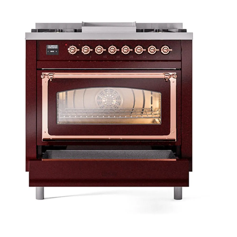 Ilve UN36FNMPBUP Ilve Un36Fnmpbup Nostalgie Ii Noblesse 36" Dual Fuel Range (Natural Gas, Triple Glass Door, Burgundy, Copper)