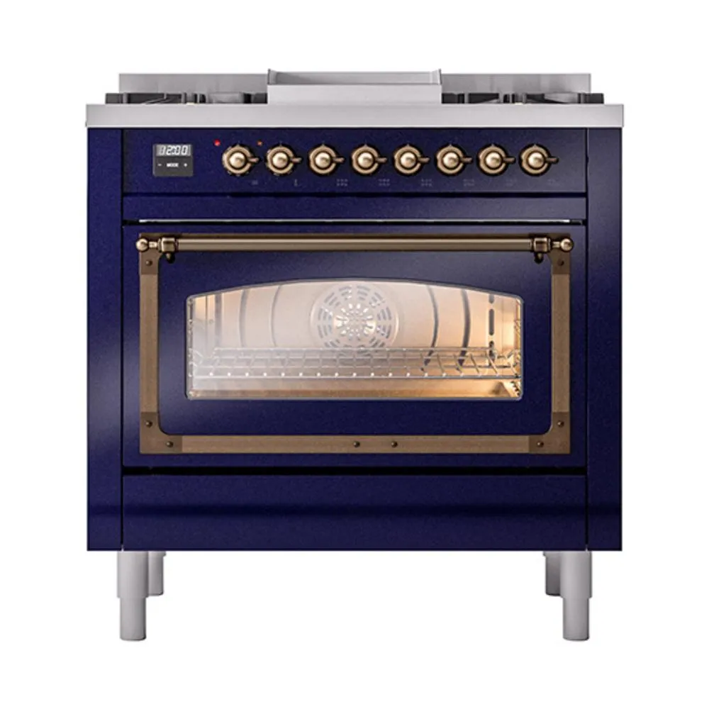 Ilve UN36FNMPMBB Ilve Un36Fnmpmbb Nostalgie Ii Noblesse 36" Dual Fuel Range (Natural Gas, Triple Glass Door, Midnight Blue, Burnished)