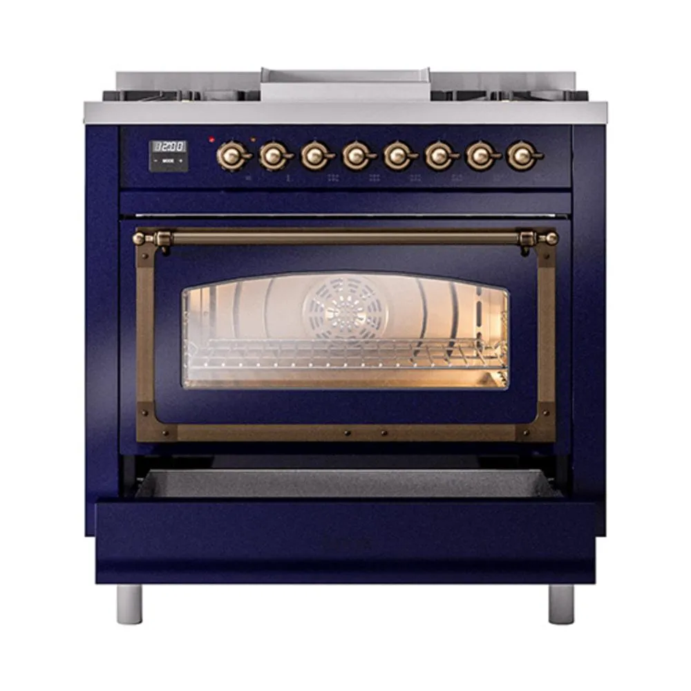 Ilve UN36FNMPMBB Ilve Un36Fnmpmbb Nostalgie Ii Noblesse 36" Dual Fuel Range (Natural Gas, Triple Glass Door, Midnight Blue, Burnished)