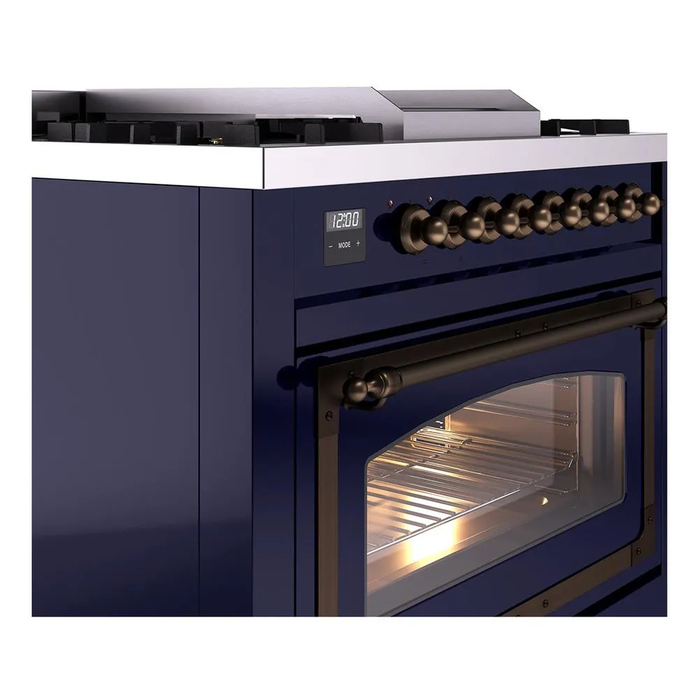 Ilve UN36FNMPMBB Ilve Un36Fnmpmbb Nostalgie Ii Noblesse 36" Dual Fuel Range (Natural Gas, Triple Glass Door, Midnight Blue, Burnished)