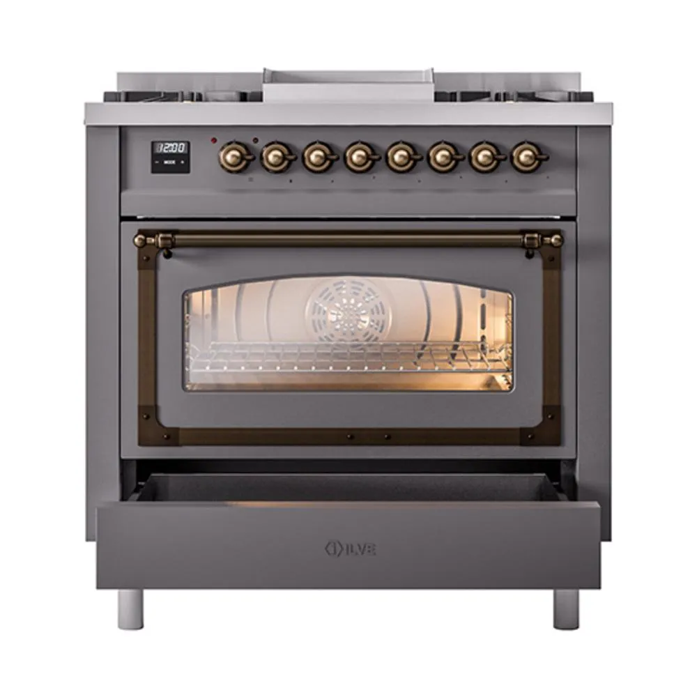 Ilve UN36FNMPMGB Ilve Un36Fnmpmgb Nostalgie Ii Noblesse 36" Dual Fuel Range (Natural Gas, Triple Glass Door, Graphite Matte, Burnished)