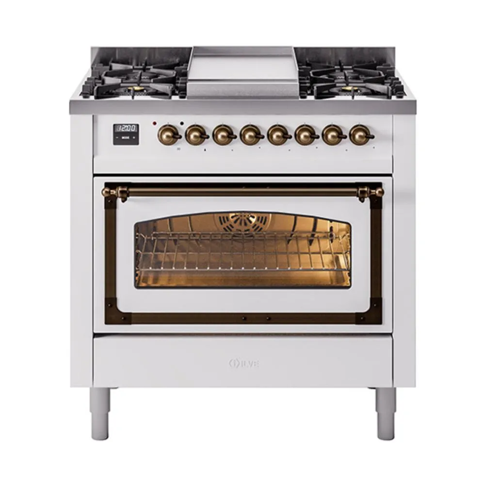 Ilve UN36FNMPWHB Ilve Un36Fnmpwhb Nostalgie Ii Noblesse 36" Dual Fuel Range (Natural Gas, Triple Glass Door, White, Burnished)