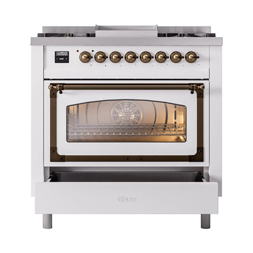 Ilve UN36FNMPWHBLP Ilve Un36Fnmpwhblp Nostalgie Ii Noblesse 36" Dual Fuel Range (Liquid Propane, Triple Glass Door, White, Burnished)