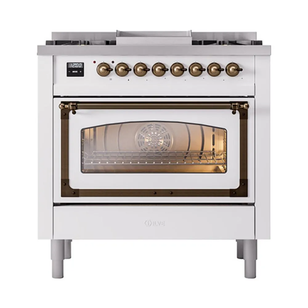 Ilve UN36FNMPWHBLP Ilve Un36Fnmpwhblp Nostalgie Ii Noblesse 36" Dual Fuel Range (Liquid Propane, Triple Glass Door, White, Burnished)