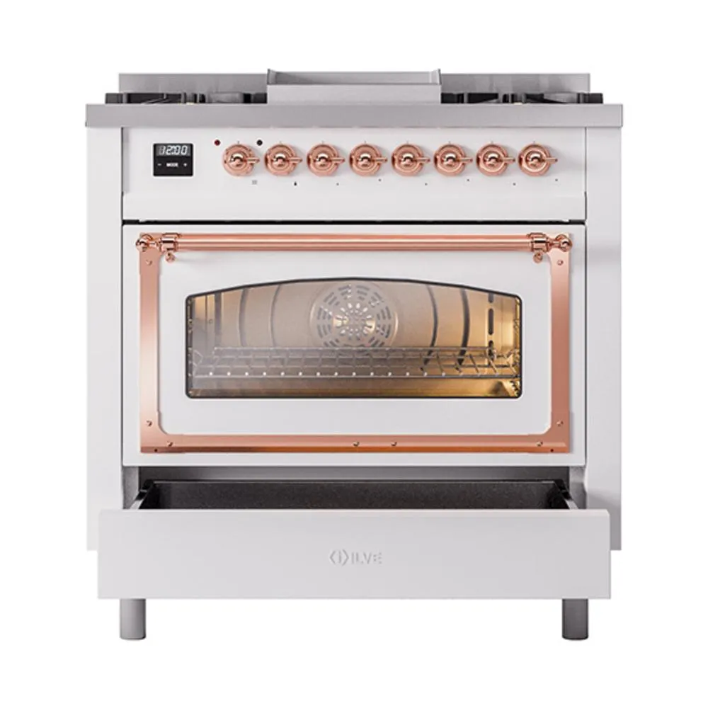 Ilve UN36FNMPWHPLP Ilve Un36Fnmpwhplp Nostalgie Ii Noblesse 36" Dual Fuel Range (Liquid Propane, Triple Glass Door, White, Copper)