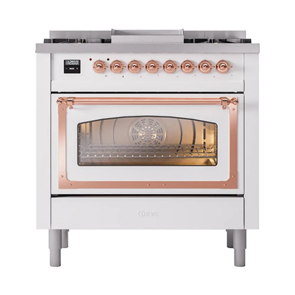 Ilve UN36FNMPWHPLP Ilve Un36Fnmpwhplp Nostalgie Ii Noblesse 36" Dual Fuel Range (Liquid Propane, Triple Glass Door, White, Copper)