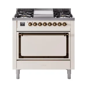 Ilve UN36FQNMPAWBLP Ilve Un36Fqnmpawblp Nostalgie Ii Noblesse 36" Dual Fuel Range (Liquid Propane, Solid Door, Antique White, Burnished)