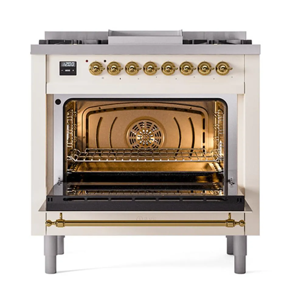 Ilve UN36FQNMPAWGLP Ilve Un36Fqnmpawglp Nostalgie Ii Noblesse 36" Dual Fuel Range (Liquid Propane, Solid Door, Antique White, Brass)