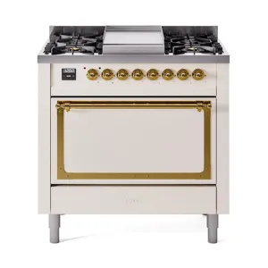 Ilve UN36FQNMPAWGLP Ilve Un36Fqnmpawglp Nostalgie Ii Noblesse 36" Dual Fuel Range (Liquid Propane, Solid Door, Antique White, Brass)