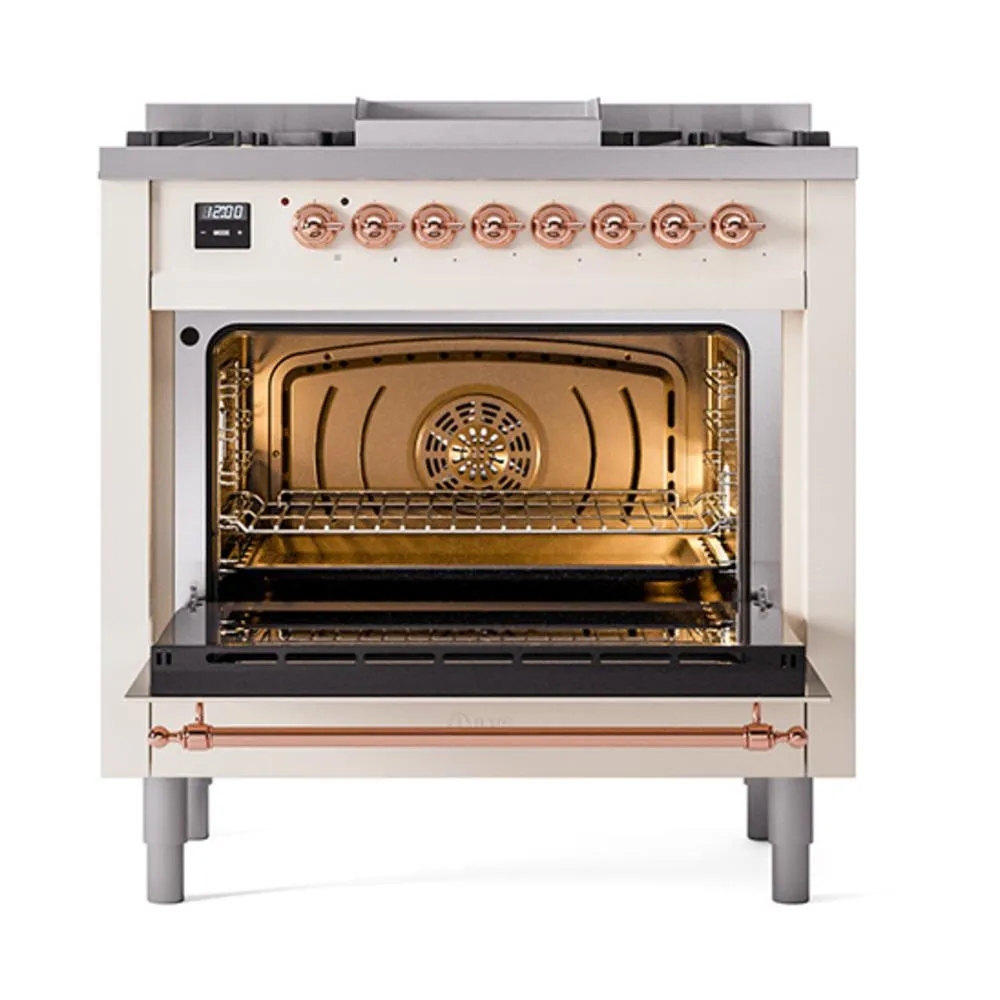 Ilve UN36FQNMPAWPLP Ilve Un36Fqnmpawplp Nostalgie Ii Noblesse 36" Dual Fuel Range (Liquid Propane, Solid Door, Antique White, Copper)