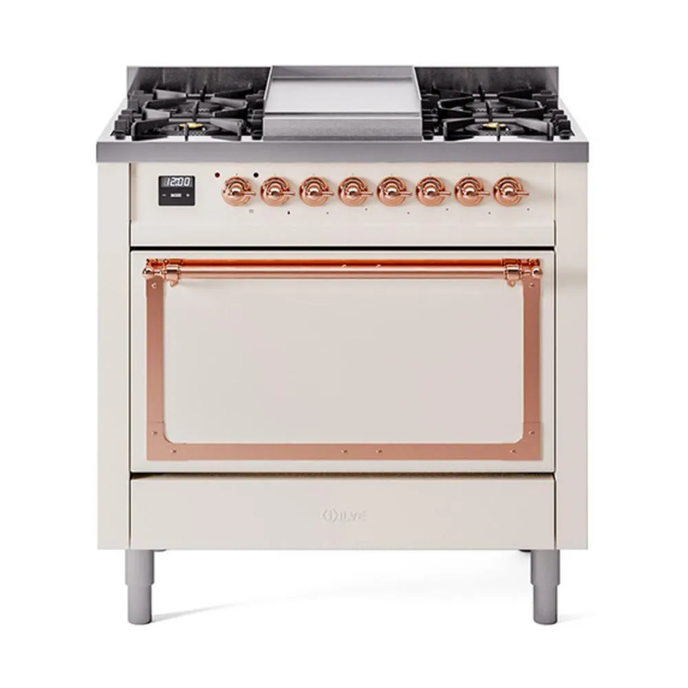 Ilve UN36FQNMPAWPLP Ilve Un36Fqnmpawplp Nostalgie Ii Noblesse 36" Dual Fuel Range (Liquid Propane, Solid Door, Antique White, Copper)