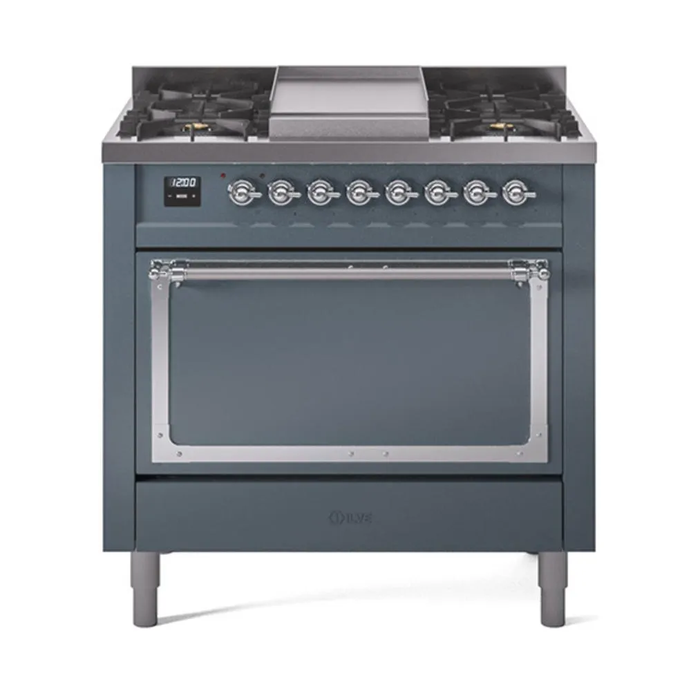 Ilve UN36FQNMPBGCLP Ilve Un36Fqnmpbgclp Nostalgie Ii Noblesse 36" Dual Fuel Range (Liquid Propane, Solid Door, Blue Grey, Chrome)