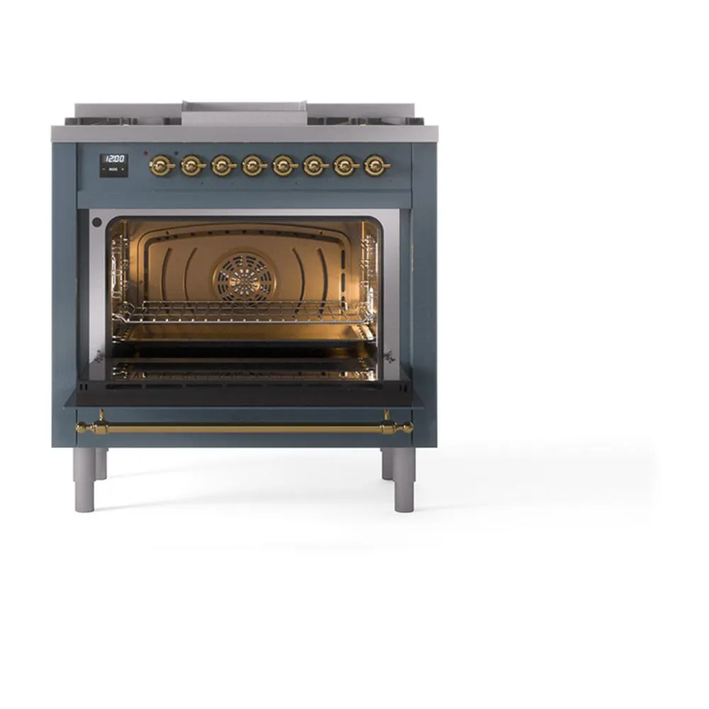 Ilve UN36FQNMPBGG Ilve Un36Fqnmpbgg Nostalgie Ii Noblesse 36" Dual Fuel Range (Natural Gas, Solid Door, Blue Grey, Brass)