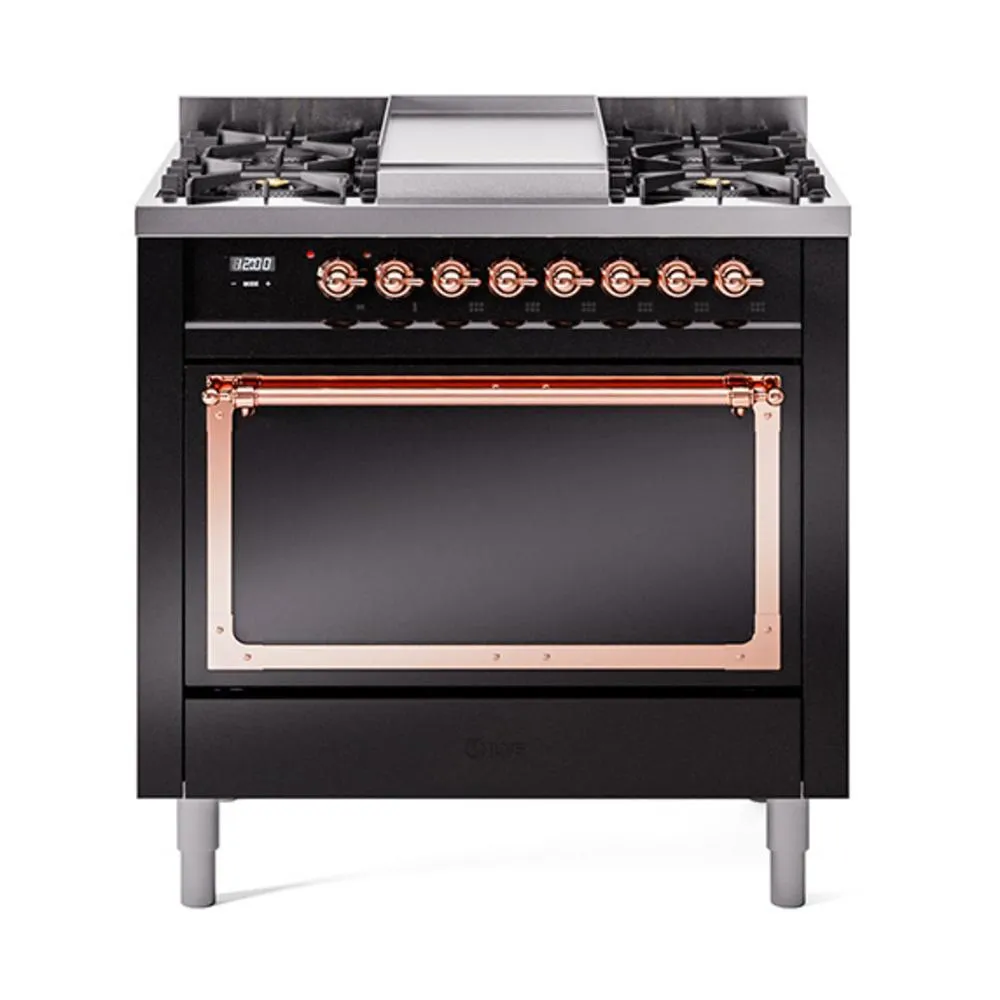 Ilve UN36FQNMPBKPLP Ilve Un36Fqnmpbkplp Nostalgie Ii Noblesse 36" Dual Fuel Range (Liquid Propane, Solid Door, Glossy Black, Copper)