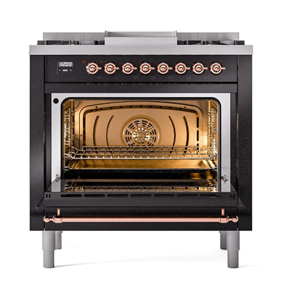 Ilve UN36FQNMPBKPLP Ilve Un36Fqnmpbkplp Nostalgie Ii Noblesse 36" Dual Fuel Range (Liquid Propane, Solid Door, Glossy Black, Copper)