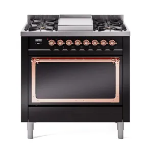 Ilve UN36FQNMPBKPLP Ilve Un36Fqnmpbkplp Nostalgie Ii Noblesse 36" Dual Fuel Range (Liquid Propane, Solid Door, Glossy Black, Copper)