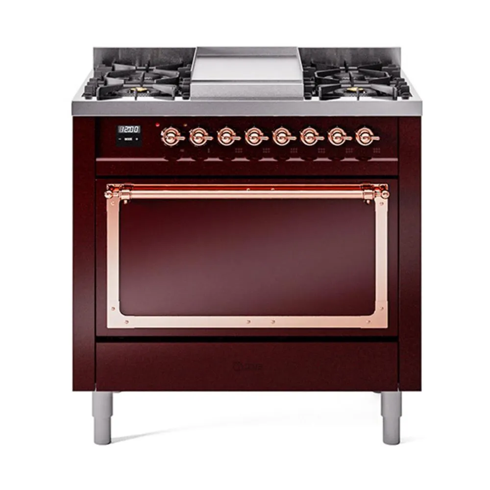 Ilve UN36FQNMPBUPLP Ilve Un36Fqnmpbuplp Nostalgie Ii Noblesse 36" Dual Fuel Range (Liquid Propane, Solid Door, Burgundy, Copper)