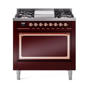 Ilve UN36FQNMPBUPLP Ilve Un36Fqnmpbuplp Nostalgie Ii Noblesse 36" Dual Fuel Range (Liquid Propane, Solid Door, Burgundy, Copper)