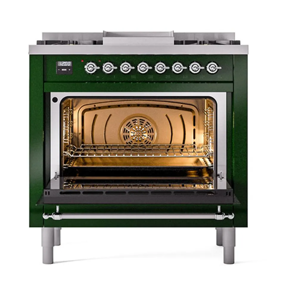 Ilve UN36FQNMPEGCLP Ilve Un36Fqnmpegclp Nostalgie Ii Noblesse 36" Dual Fuel Range (Liquid Propane, Solid Door, Emerald Green, Chrome)