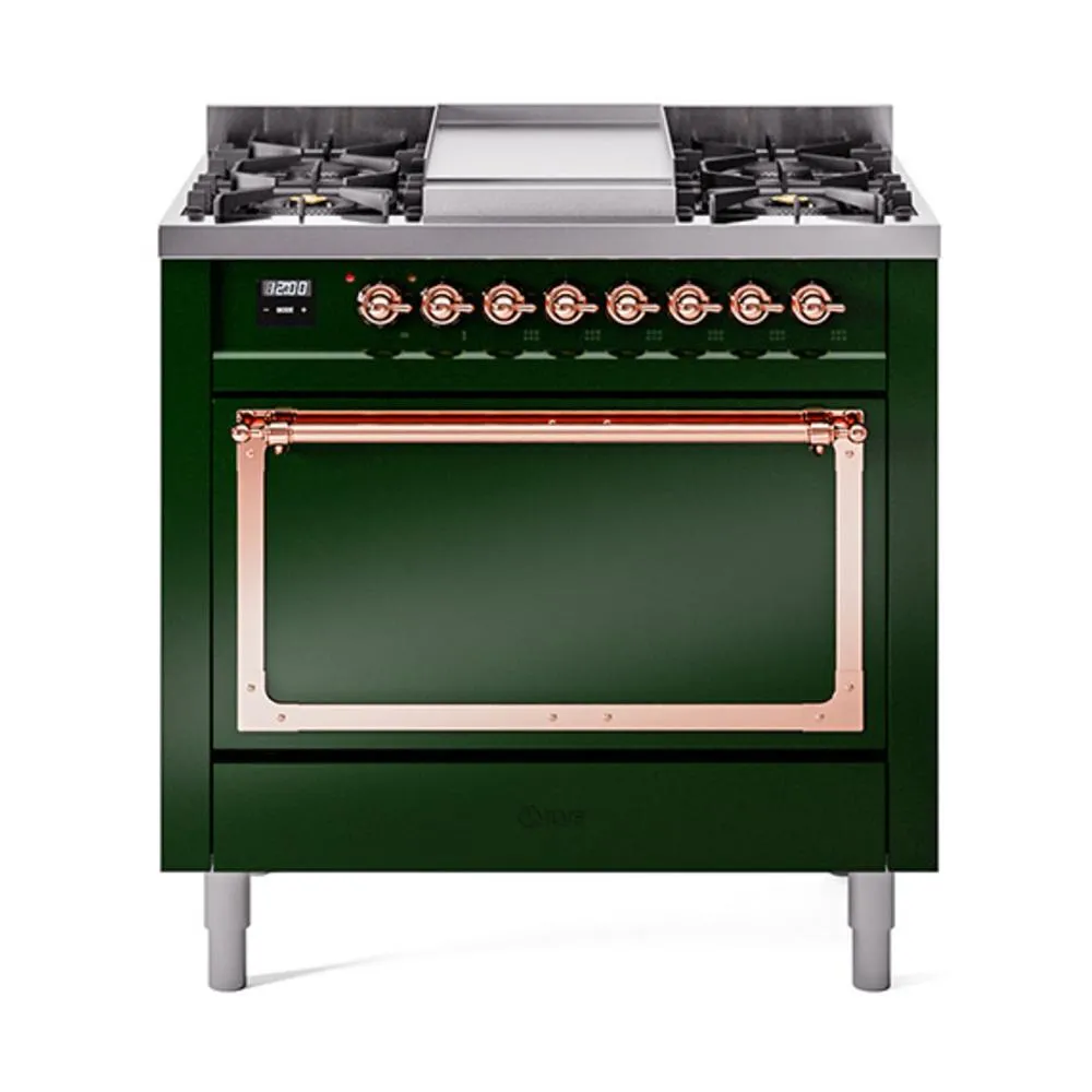 Ilve UN36FQNMPEGP Ilve Un36Fqnmpegp Nostalgie Ii Noblesse 36" Dual Fuel Range (Natural Gas, Solid Door, Emerald Green, Copper)