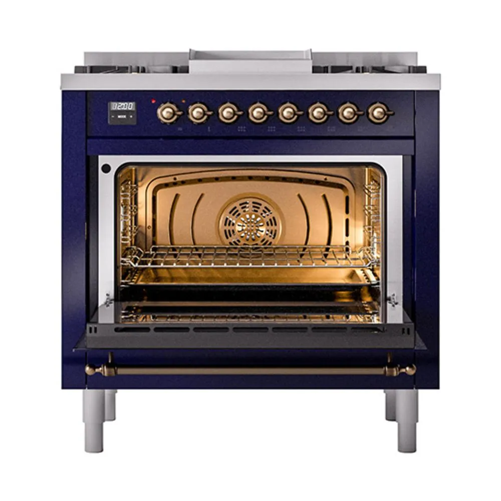 Ilve UN36FQNMPMBBLP Ilve Un36Fqnmpmbblp Nostalgie Ii Noblesse 36" Dual Fuel Range (Liquid Propane, Solid Door, Midnight Blue, Burnished)