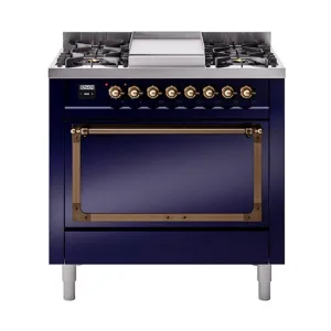 Ilve UN36FQNMPMBBLP Ilve Un36Fqnmpmbblp Nostalgie Ii Noblesse 36" Dual Fuel Range (Liquid Propane, Solid Door, Midnight Blue, Burnished)