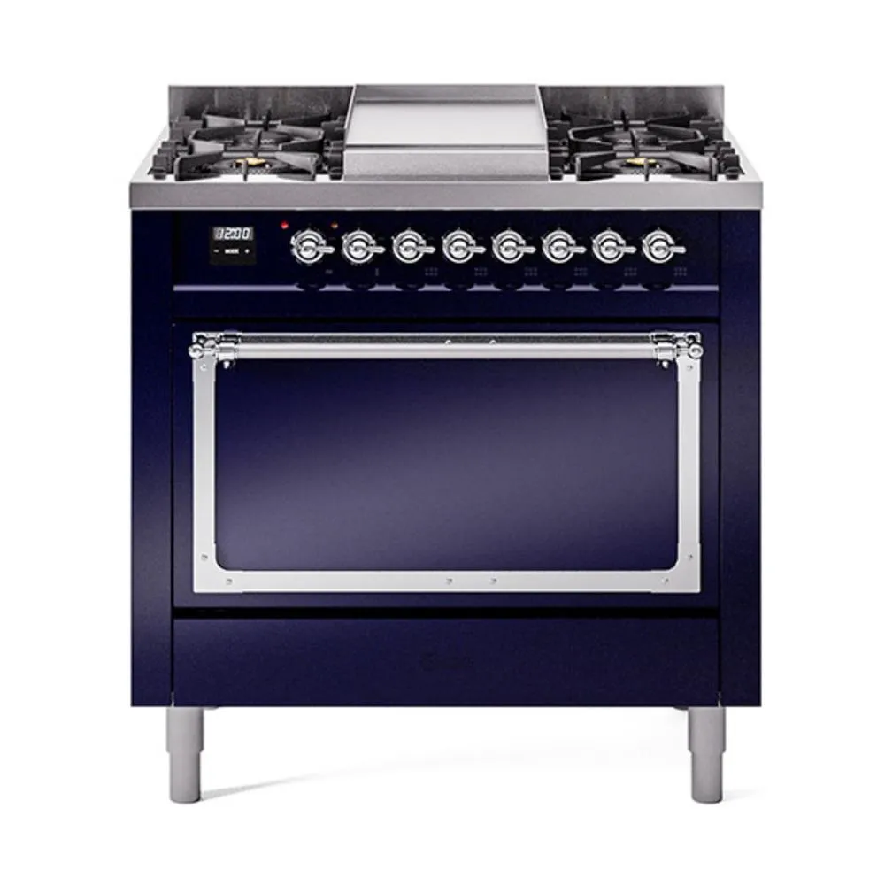 Ilve UN36FQNMPMBCLP Ilve Un36Fqnmpmbclp Nostalgie Ii Noblesse 36" Dual Fuel Range (Liquid Propane, Solid Door, Midnight Blue, Chrome)