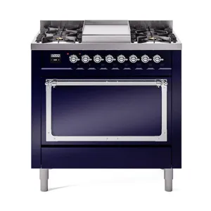 Ilve UN36FQNMPMBCLP Ilve Un36Fqnmpmbclp Nostalgie Ii Noblesse 36" Dual Fuel Range (Liquid Propane, Solid Door, Midnight Blue, Chrome)