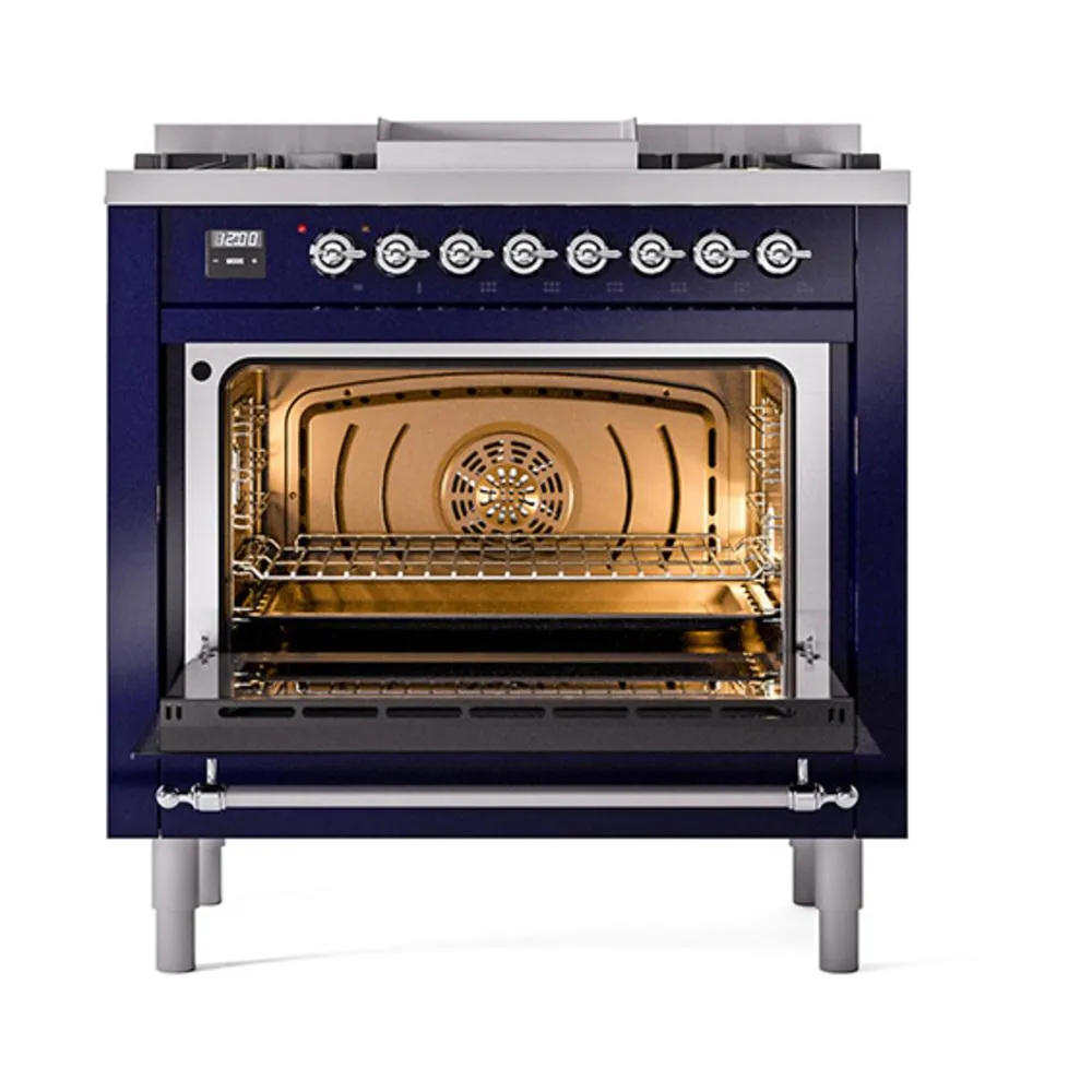 Ilve UN36FQNMPMBCLP Ilve Un36Fqnmpmbclp Nostalgie Ii Noblesse 36" Dual Fuel Range (Liquid Propane, Solid Door, Midnight Blue, Chrome)