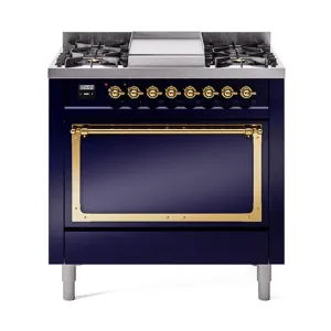 Ilve UN36FQNMPMBGLP Ilve Un36Fqnmpmbglp Nostalgie Ii Noblesse 36" Dual Fuel Range (Liquid Propane, Solid Door, Midnight Blue, Brass)