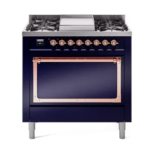 Ilve UN36FQNMPMBP Ilve Un36Fqnmpmbp Nostalgie Ii Noblesse 36" Dual Fuel Range (Natural Gas, Solid Door, Midnight Blue, Copper)