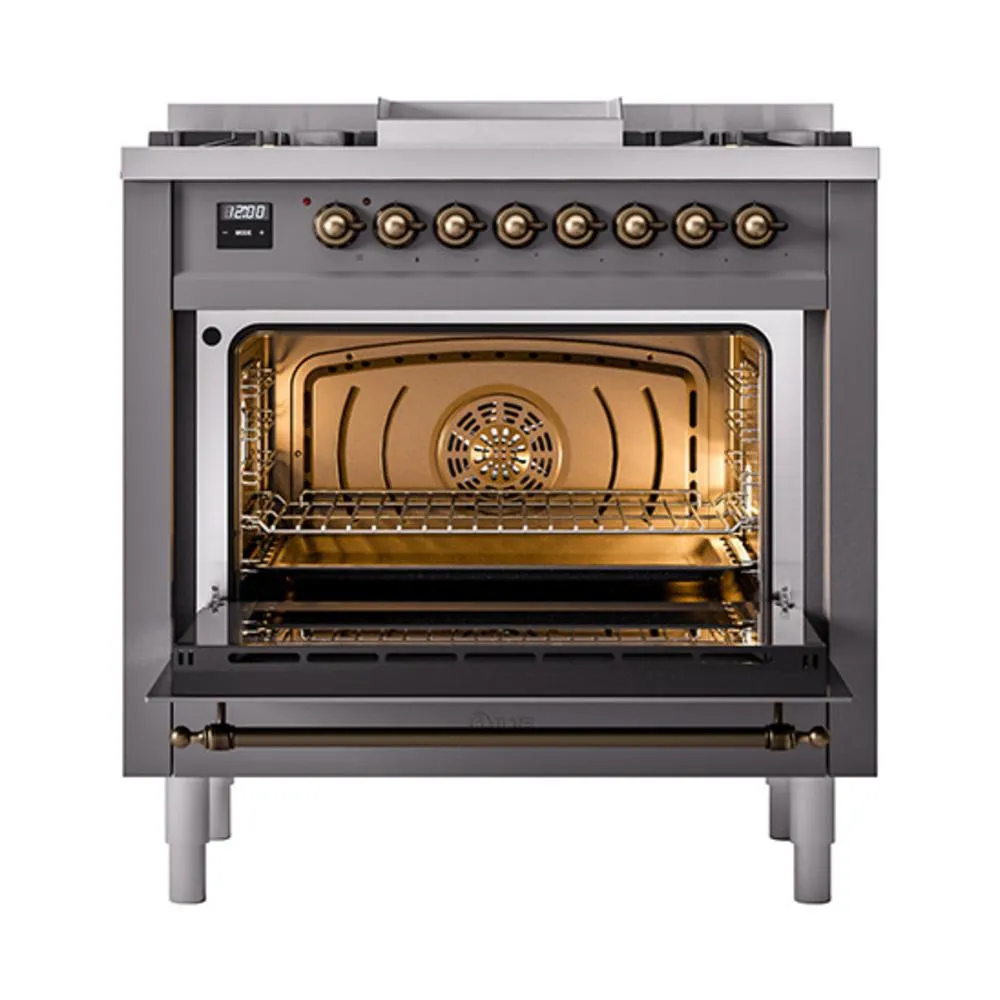 Ilve UN36FQNMPMGB Ilve Un36Fqnmpmgb Nostalgie Ii Noblesse 36" Dual Fuel Range (Natural Gas, Solid Door, Graphite Matte, Burnished)