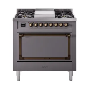 Ilve UN36FQNMPMGBLP Ilve Un36Fqnmpmgblp Nostalgie Ii Noblesse 36" Dual Fuel Range (Liquid Propane, Solid Door, Graphite Matte, Burnished)