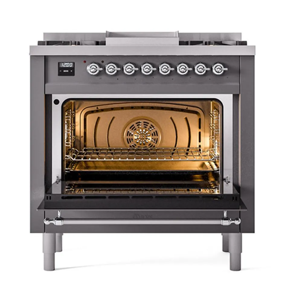 Ilve UN36FQNMPMGC Ilve Un36Fqnmpmgc Nostalgie Ii Noblesse 36" Dual Fuel Range (Natural Gas, Solid Door, Graphite Matte, Chrome)