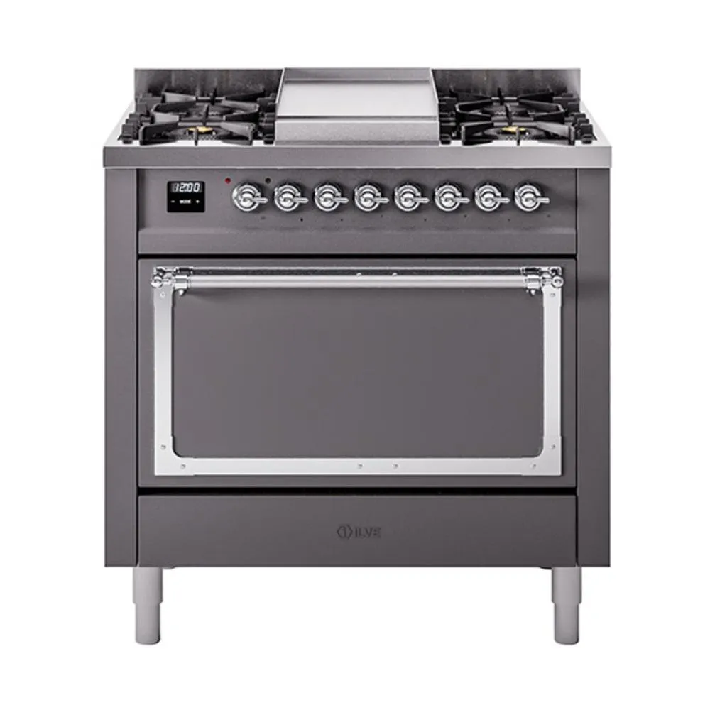 Ilve UN36FQNMPMGC Ilve Un36Fqnmpmgc Nostalgie Ii Noblesse 36" Dual Fuel Range (Natural Gas, Solid Door, Graphite Matte, Chrome)