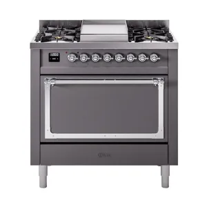 Ilve UN36FQNMPMGC Ilve Un36Fqnmpmgc Nostalgie Ii Noblesse 36" Dual Fuel Range (Natural Gas, Solid Door, Graphite Matte, Chrome)