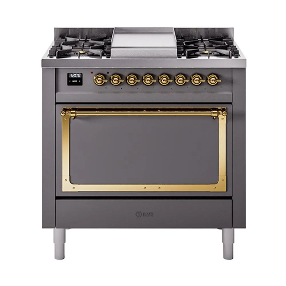 Ilve UN36FQNMPMGGLP Ilve Un36Fqnmpmgglp Nostalgie Ii Noblesse 36" Dual Fuel Range (Liquid Propane, Solid Door, Graphite Matte, Brass)